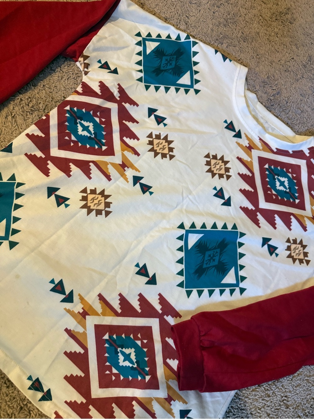 Women’s Aztec Print Long Sleeve Top - Red & Teal